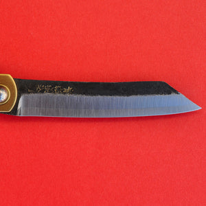 NAGAO HIGONOKAMI couteau de poche japaonais AOGAMI laiton 97mm noire blue paper manche gros plan